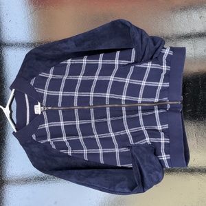 XXL navy blue white plaid varsity style jacket zip up w/ raglan sleeves pockets